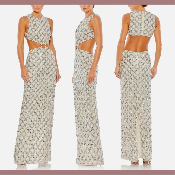 NWT $598 Mac Duggal [ 0 ] Embellished High Neck‎ Cut out Ring Gown Nude Cream - Picture 1 of 16